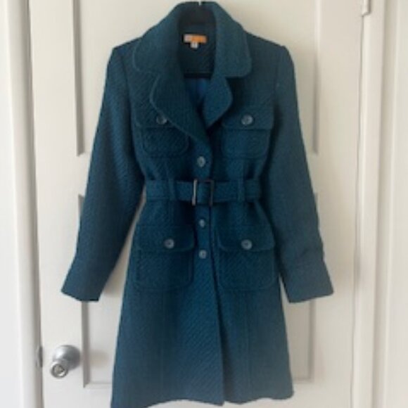 Tulle Aqua Teal Belted Wool Blend Coat - Picture 1 of 4
